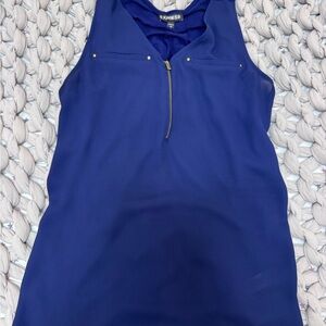 Express Deep Blue Sleeveless Zip-Front Tank with Gold Accents